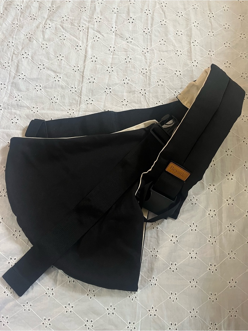 Adjustable Black pet Sling Bag carrier with Beige Trim